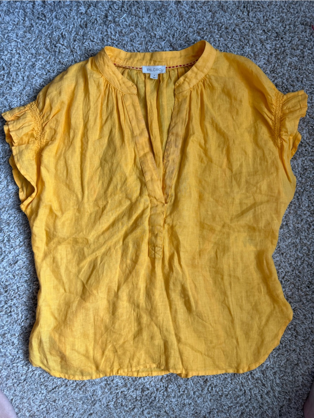Anthropologie Pilcro Yellow 100% Linen Ruched Blouse Size Small